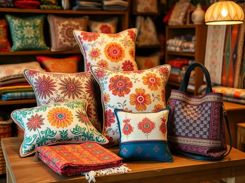 Handcrafted Indian textile products — cushions, bags, and printed fabrics