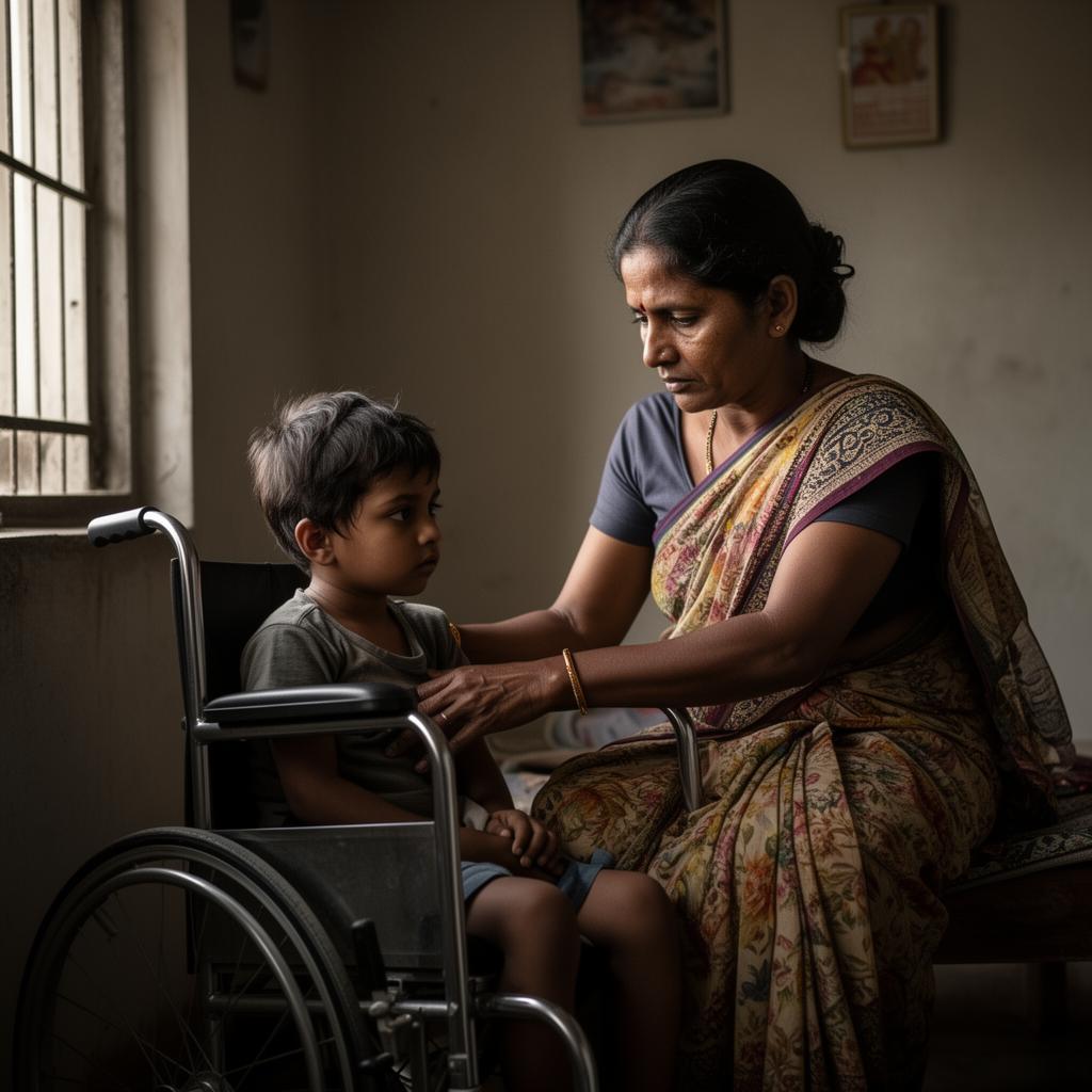 Indian mother with her child with disabilities