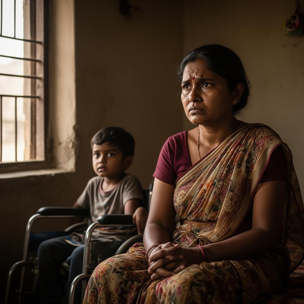 Indian mother holding her child at home